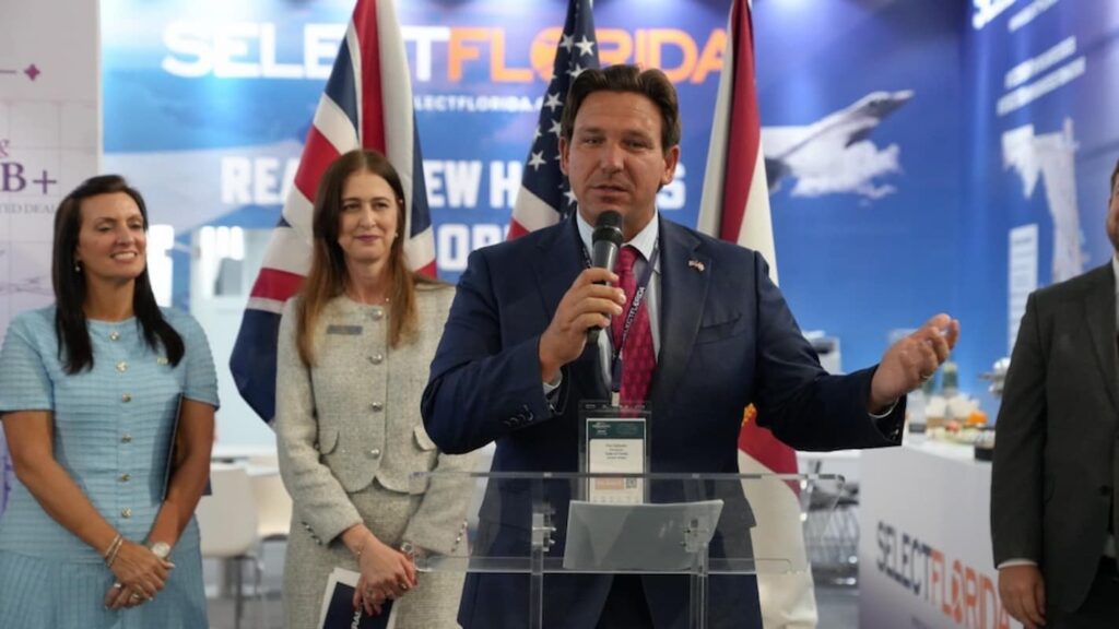 Florida Governor Ron DeSantis speaks at the Florida Pavilion at the 2026 Farnborough International Airshow
